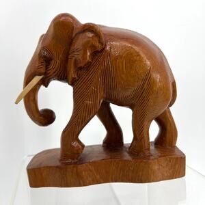 Vintage Hand Carved Wood Elephant Sculpture with Tusks on Base 6.5"
